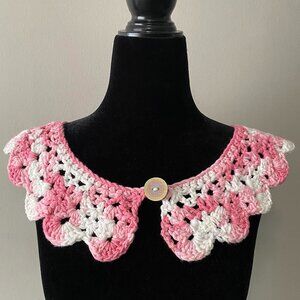 Handmade Crochet Pink White Cotton Wide Neck Collar Neckwear Accessory